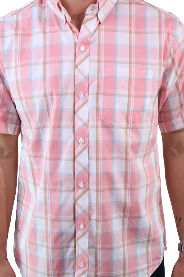 Camisa De Algodón Con Textura De Cuadros Roja Manga Corta Para Hombre